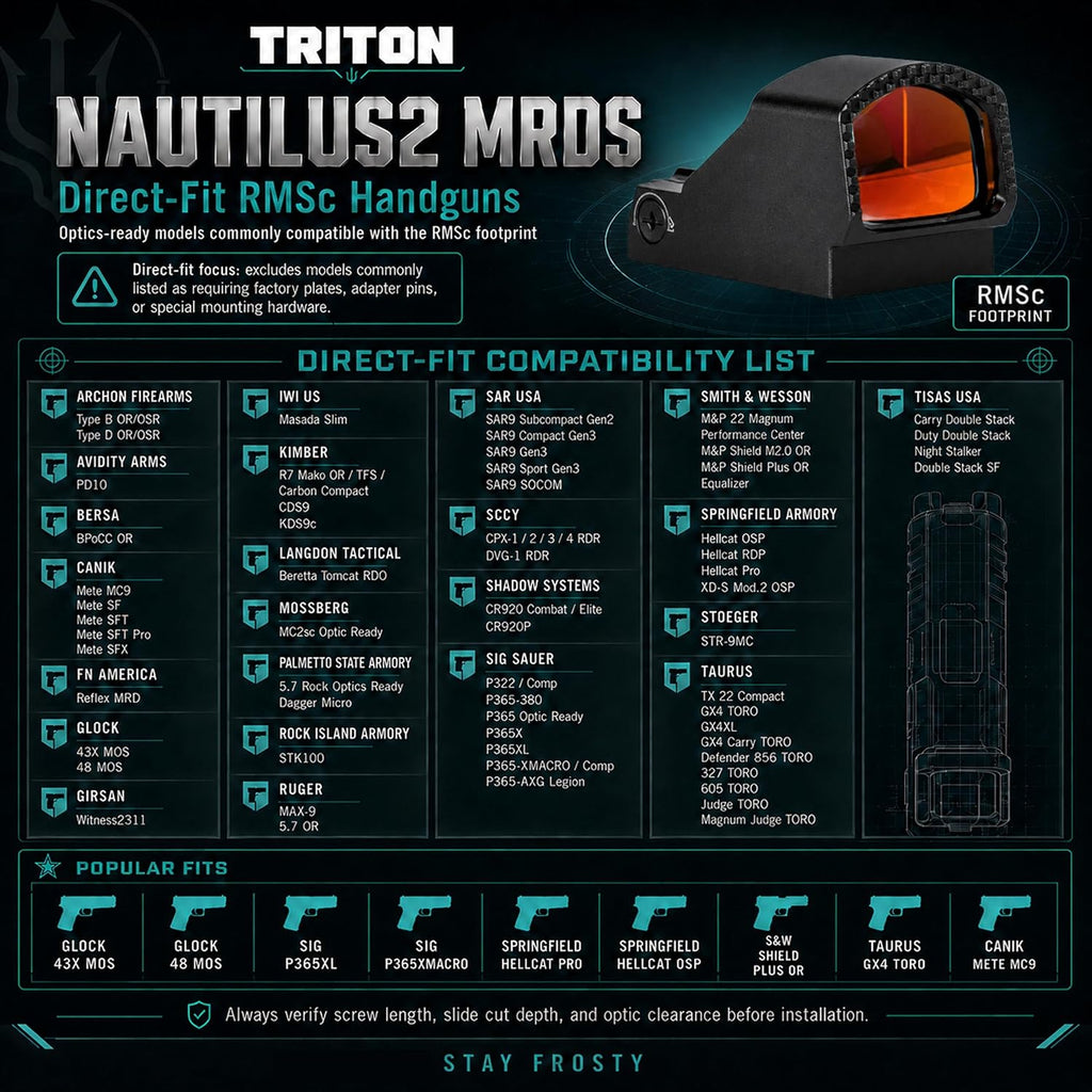 Triton Nautilus2 Micro Red Dot Sight for Pistol - RMSc 407K 507K Footprint - 3 MOA Red Dot Optic with Integrated Rear Sights - Shake Awake - 50000-Hour Battery - Triton