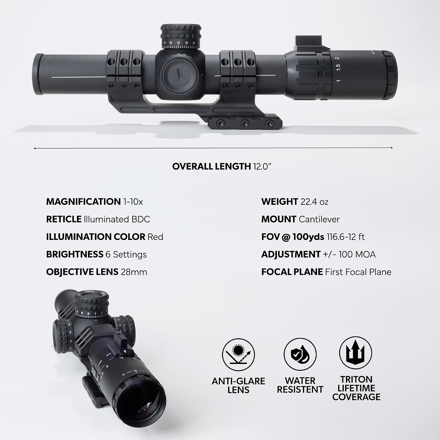 Triton Navigator+ 1-10x28 First Focal Plane FFP LPVO Rifle Scope | Dot C5 BDC Reticle - Triton