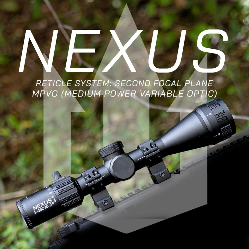 Triton Nexus 2-10x40 MPVO Rifle Scope - AO SFP Hunting Optic | 1/4 MOA Turrets, Emerald Lens Coating, 1-Inch Tube, Nitrogen-Sealed, Etched Rangefinder Reticle, 3.5-Inch Eye Relief - Triton