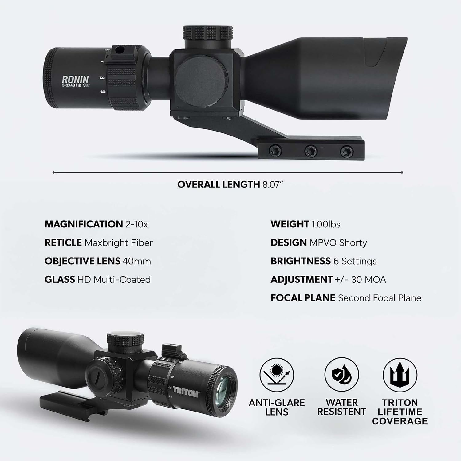 Triton Ronin HD 2-10x40 SFP MaxBright Fiber Reticle MPVO - Triton