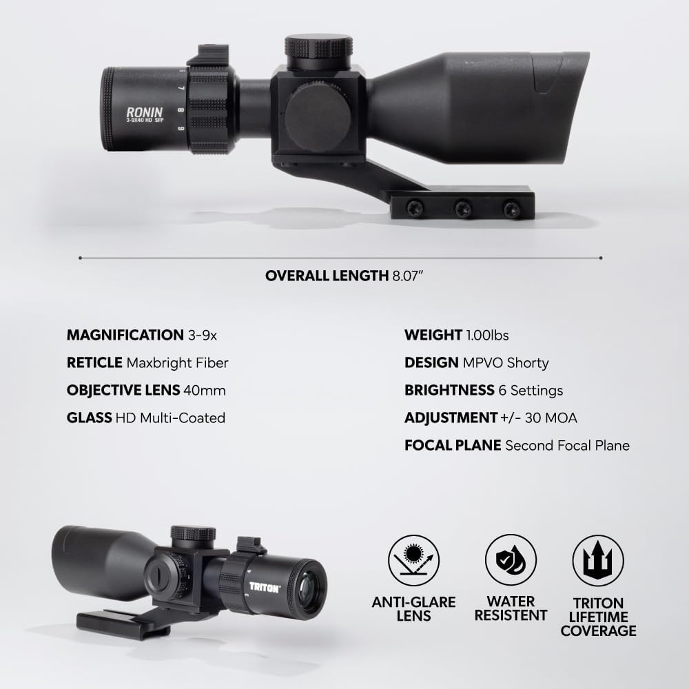 Triton Ronin HD 3-9x40 SFP MaxBright Fiber Reticle MPVO | Shorty | with or Without Adjustable Objective AO - Triton